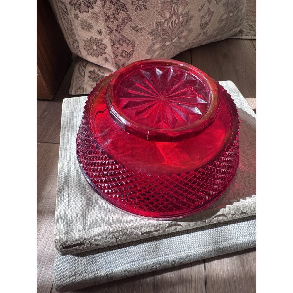 Vintage Estate European Ruby Red Art Glass Bowl Covered Dish Diamond Point Set - Picture 9 of 16